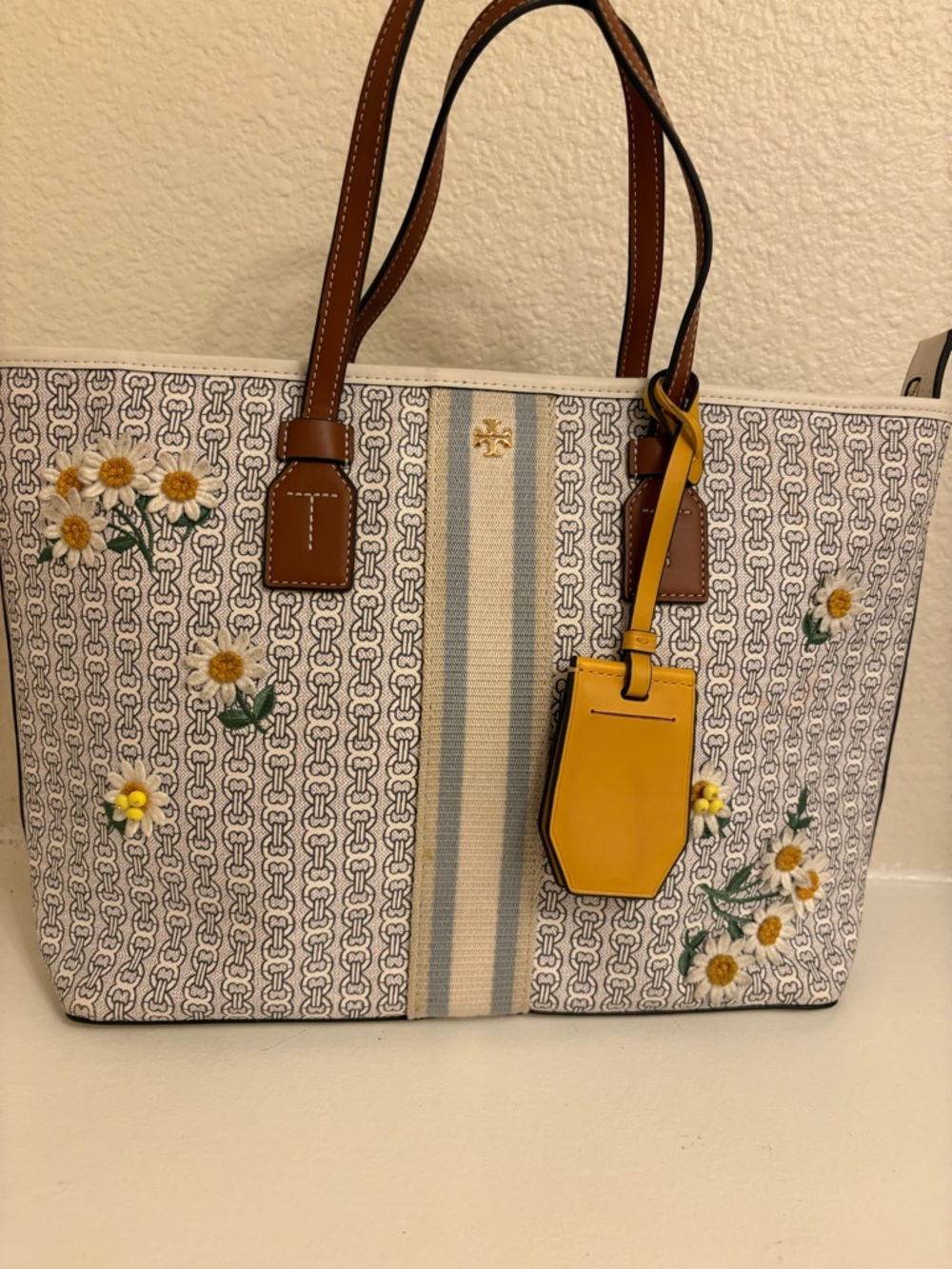Limited Edition Tory Burch Gemini Tote Bag with Daisy Embroidery & Yellow Tag
